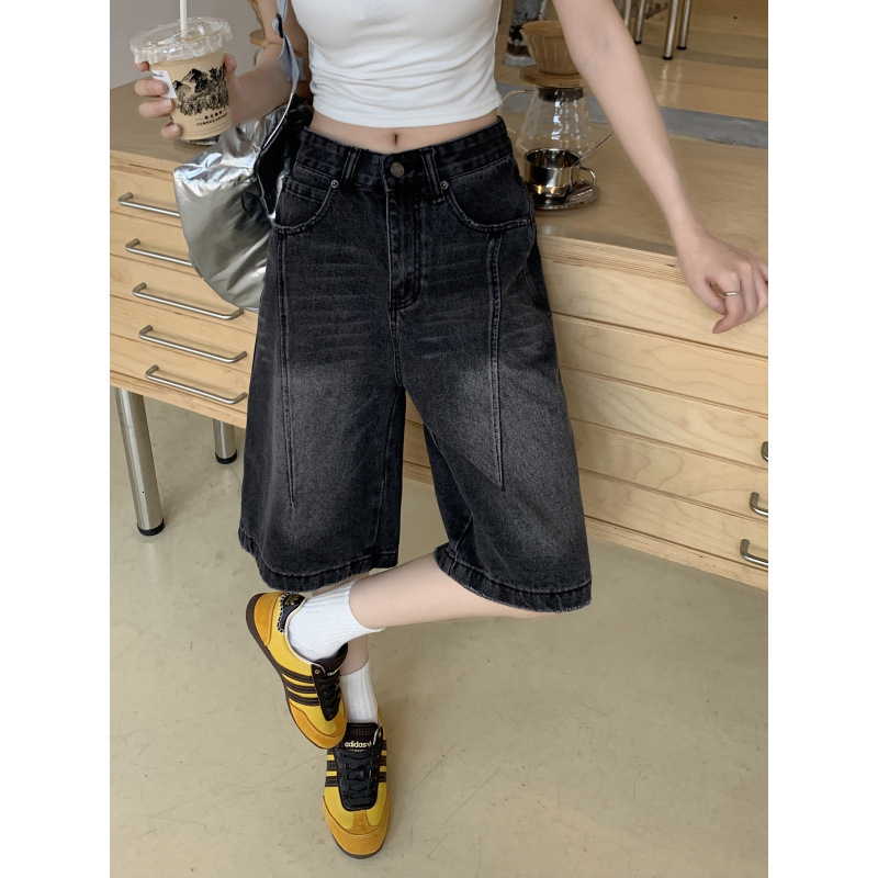 Black gray high waisted wide leg denim six quarter pants for women 241008