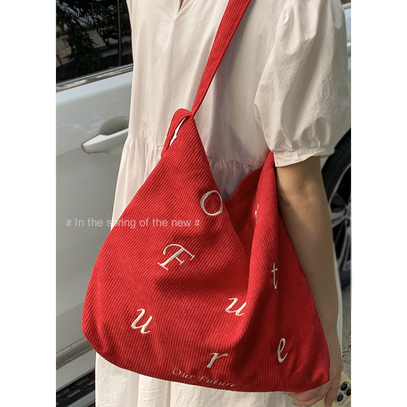 Korean version embroidered letter corduroy large bag for girls 2024 New tote bag for Students to attend classes Large-capacity crossbody bag