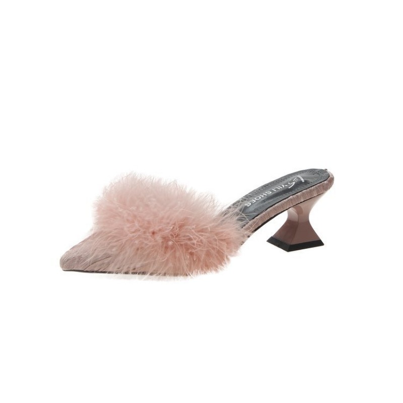 Womens Summer Fashion Fluffy High Heeled Pointed Toe Slip-On Sandals with Unique Shape