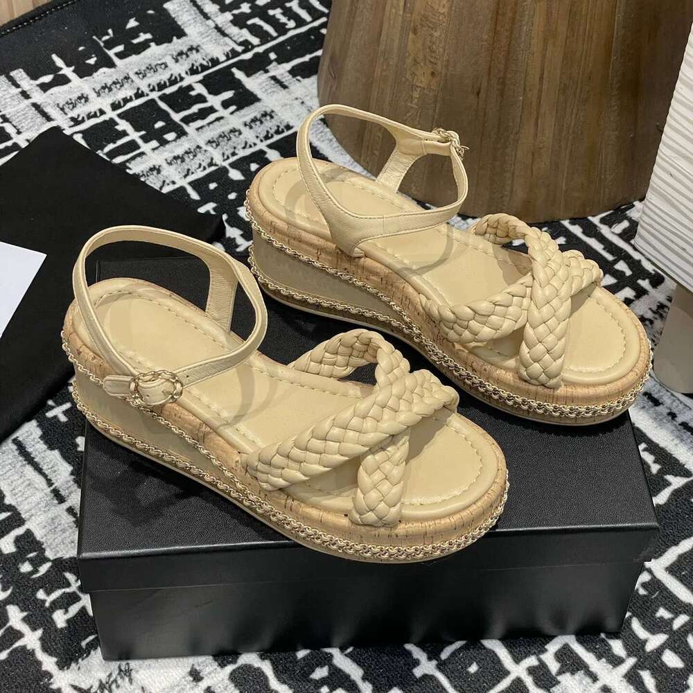 luxury Spring Summer Casual High Heels Solid Color Round Toe Shoes For Women Ankle Buckle Genuien Leather Sandals Size 35-41 New