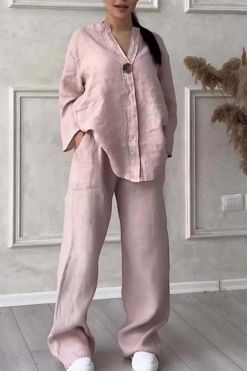 2025 summer V-neck long sleeved pants multi colored cotton and linen womens suit240830