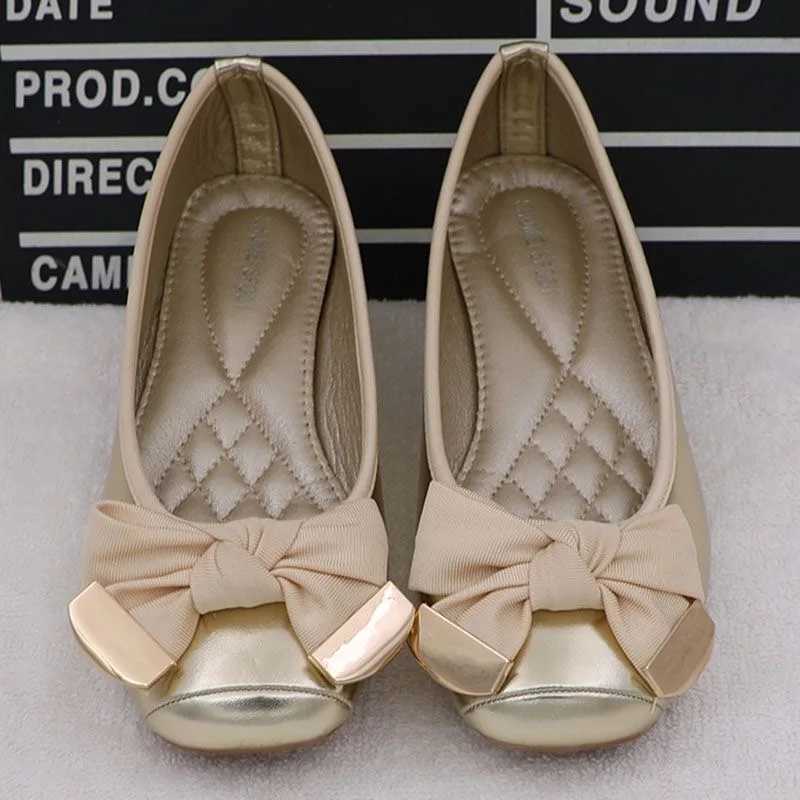 Spring/Summer Womens Ballet Flat Bottom Sweet Bow Knot Lace Brand Shoes Plus Size 41 Black Gold D069 M250506