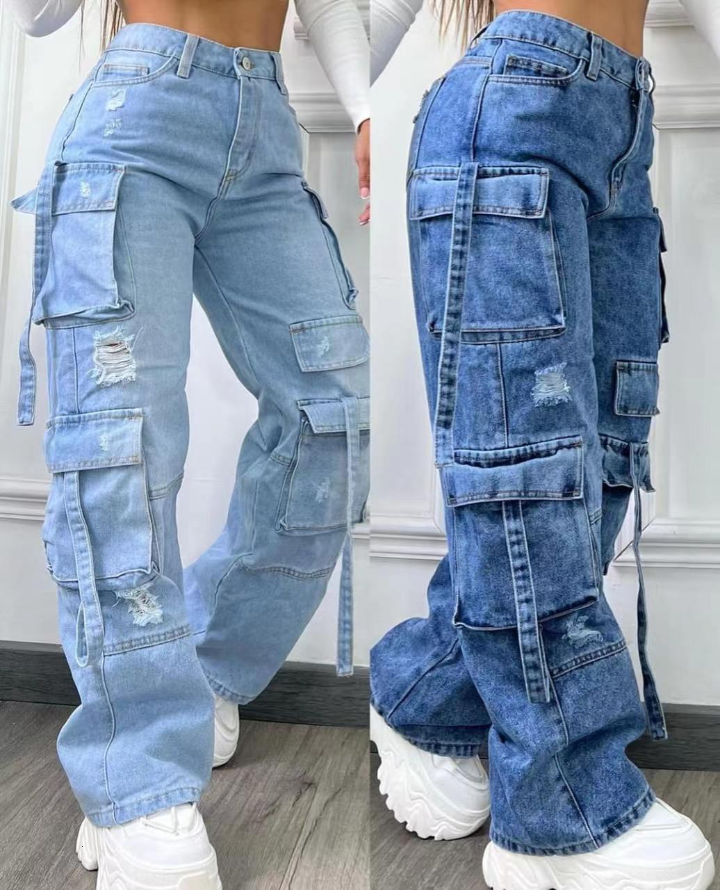Multi Pocket Cargo Jeans Womens Wide Leg Pants Unique High Waist Mens Y2k Street Clothing Large Size Bagged Pants 241211