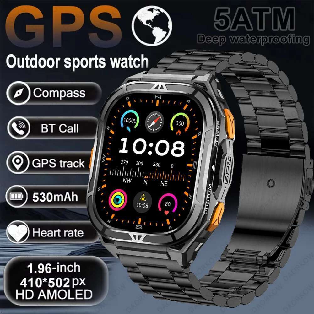2025 New dual-frequency GPS smartwatch for men, 1.96-inch high-definition AMOLED screen, Compass, Bluetooth call,5ATM waterproof
