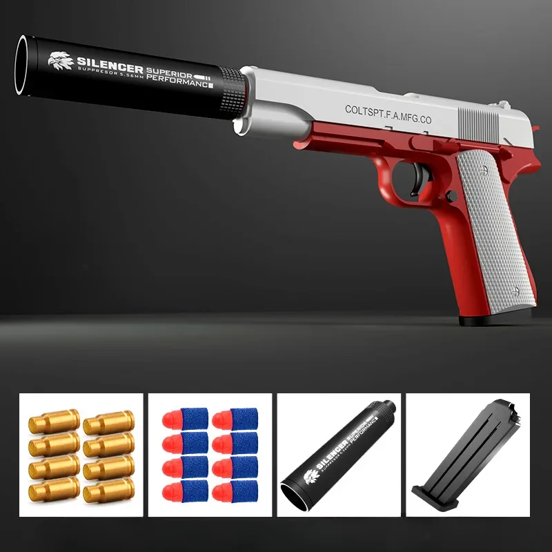Toy Pistol Soft Bullet Toy Guns M1911 Shell Ejected Foam Darts Blaster Manual Airsoft Weapon with Silencer For Kids Adults