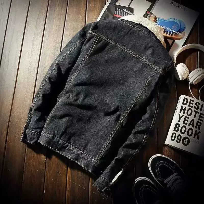 New winter wool thick denim jacket mens lapel Sherpa retro jeans truck jacket denim park jacket W240914 - view 5
