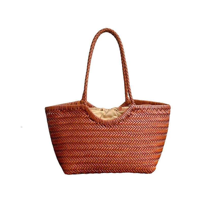 Summer Woven Bag Beach Bag Handmade Cowhide Woven Tote Bag New Genuine Leather Vegetable Basket Large Capacity Vacation Style Shoulder Bag Women S Sum
