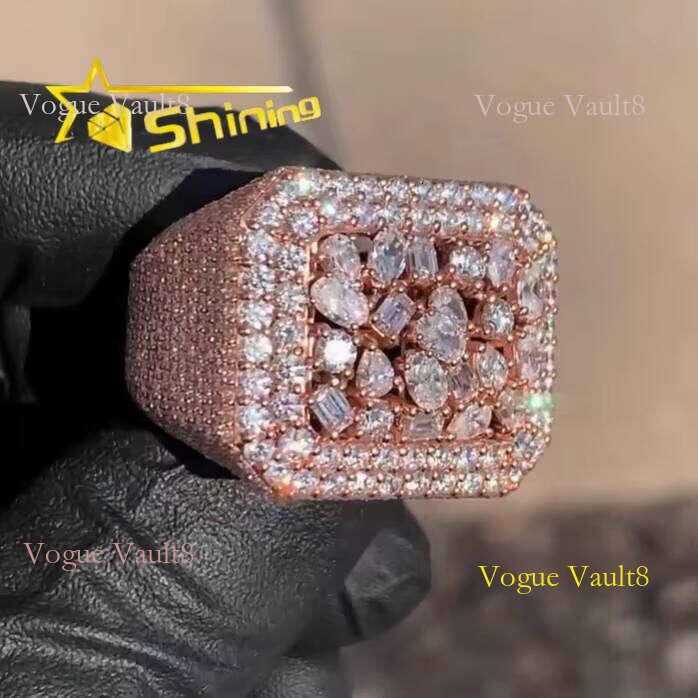Hip Hop Sterling Sier Rose Gold Plated Iced Out Fancy Cut Buss Down Thick VVS Moissanite Dia Ring Men