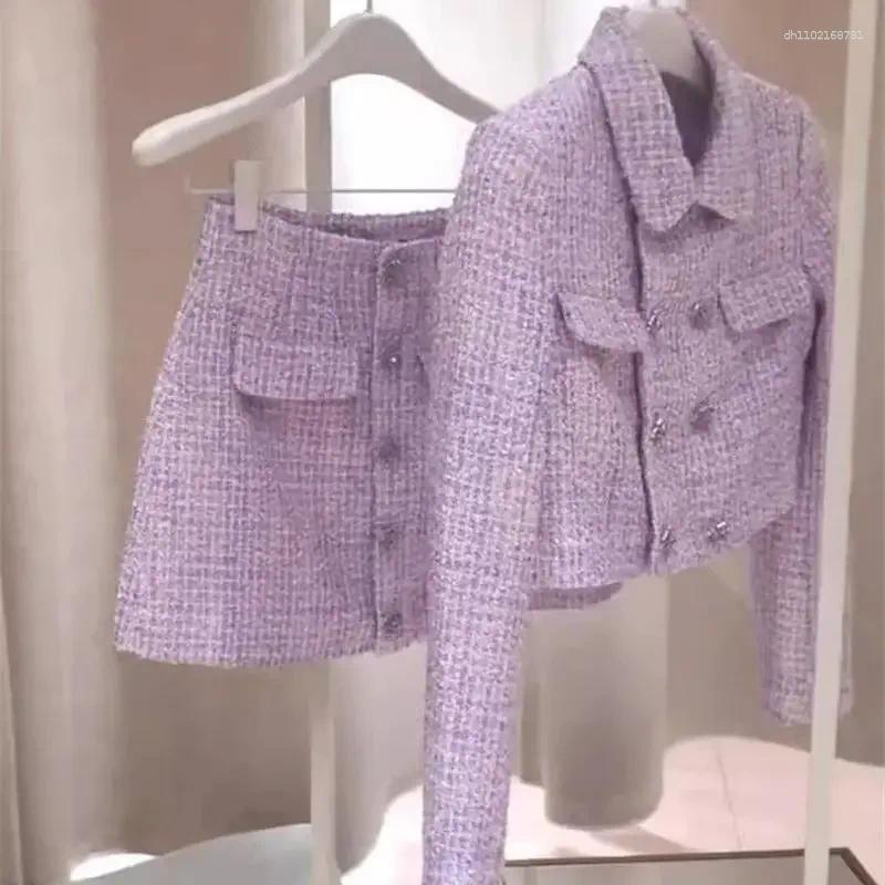 Work Dresses Luxury High End Tweed Women's Two Pieces Set Elegant Lapel Double Breasted Slim Short Coat Mini Skirt Fashion Suit