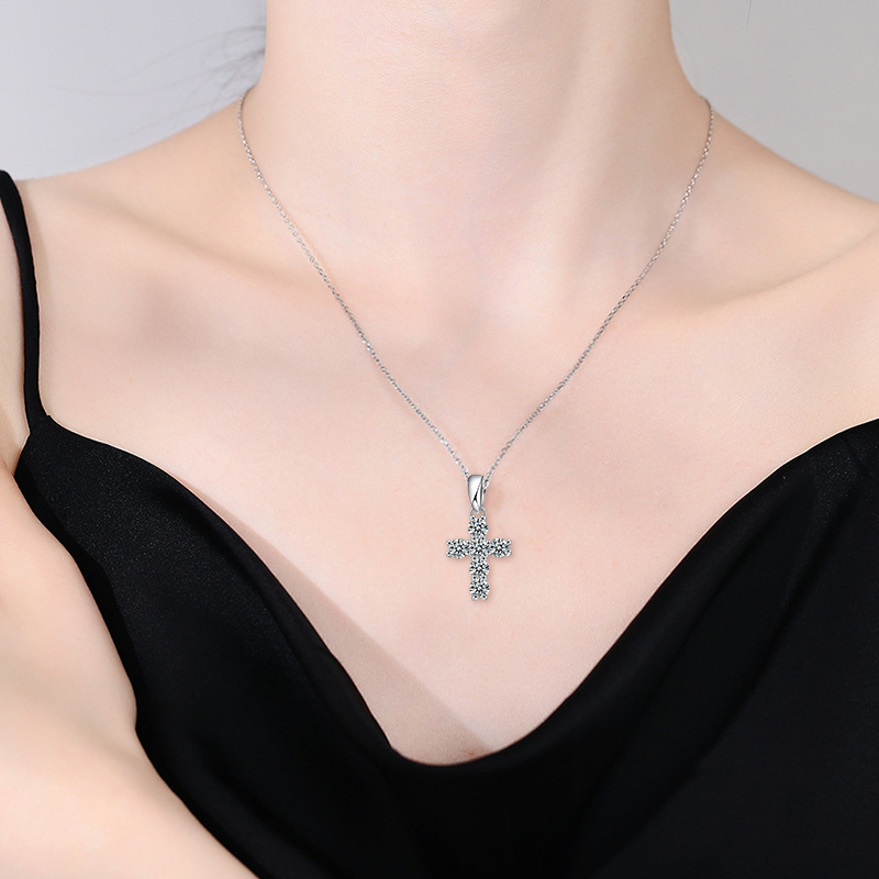 Classic Cross Moissanite Pendant Necklace - 925 Sterling Silver, Hypoallergenic, Elegant Religious Jewelry