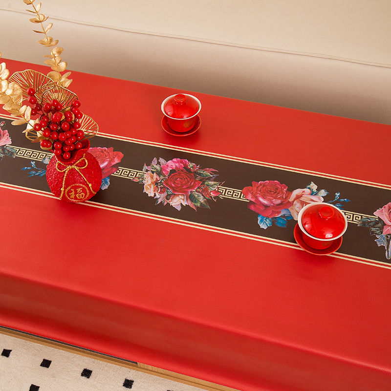 XX0388 New Year tablecloth PVC red festive waterproof, oil-proof and scalding tablecloth 2024 new Chinese style tea table cloth