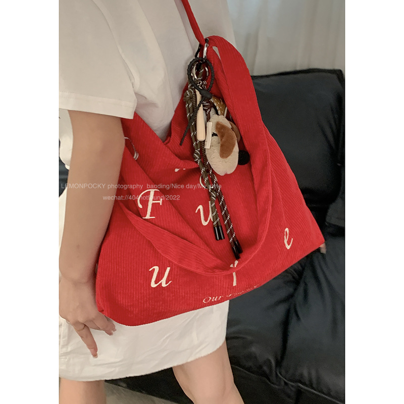 Korean version embroidered letter corduroy large bag for girls 2024 New tote bag for Students to attend classes Large-capacity crossbody bag