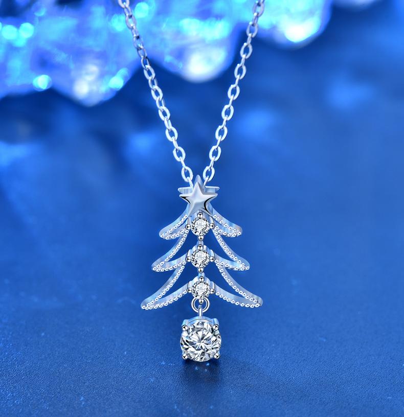925 Sterling Silver Christmas Tree Pendant Necklace with Moissanite | Holiday Gift Jewelry for Women | Delicate Star Design