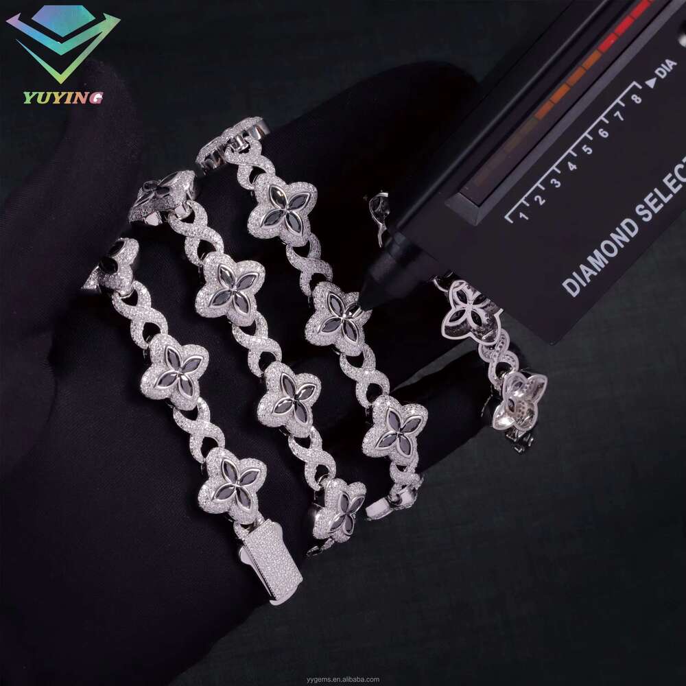 Yu Ying Black Dia Marquise Moissanite Gold Plated Sterling Sier Four Leaf Clover Infinity Cuban Link Chain Jewelry