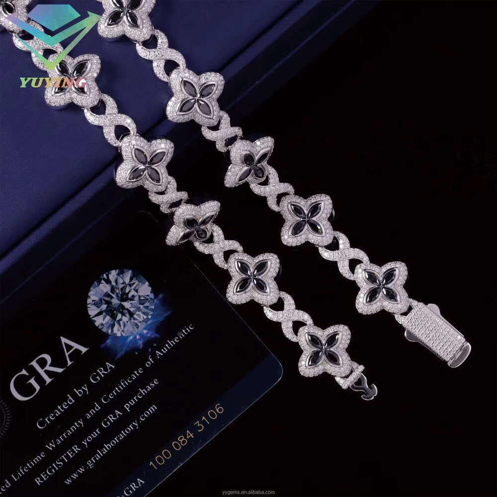 Yu Ying Black Dia Marquise Moissanite Gold Plated Sterling Sier Four Leaf Clover Infinity Cuban Link Chain Jewelry