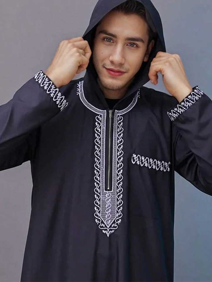 Moroccan Hoodie Luxury Mens Long Sleeve Pocket Muslim Clothing Abaya Middle East Juba Thobe RobeXJ250506