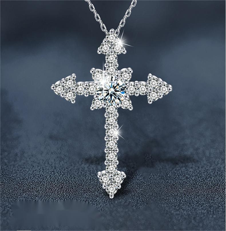 Luxury Statement Piece: Genuine Sterling Silver Moissanite Cross Neckpiece Adorned with Sparkling Stones