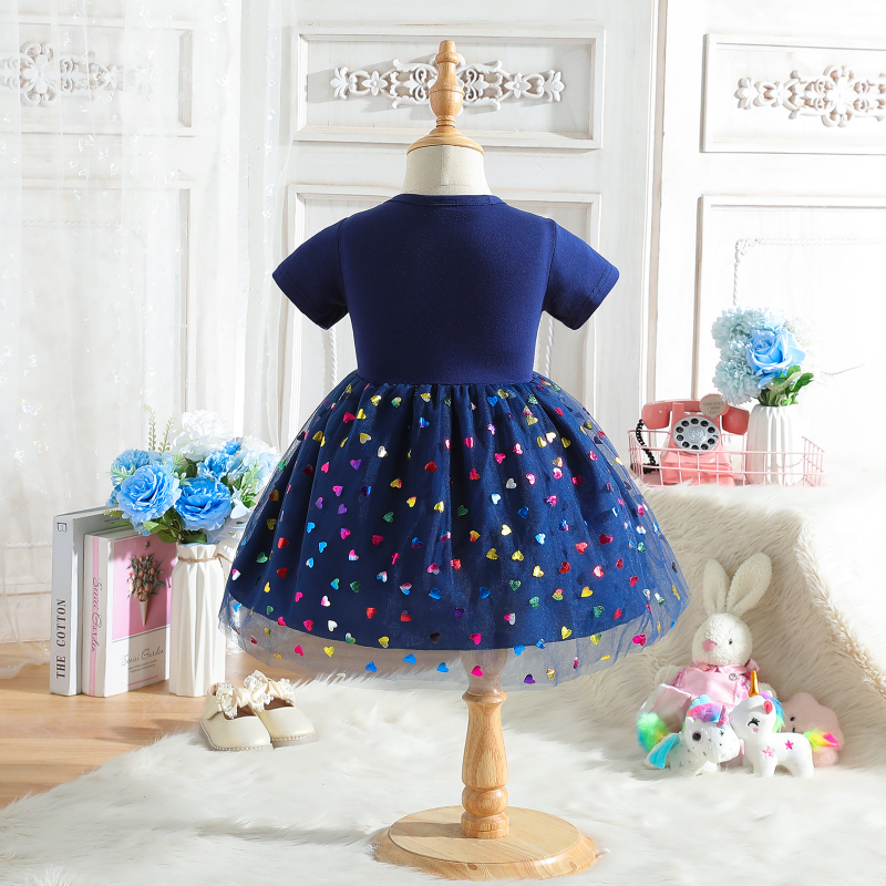 DISNEY Elsa princess dress baby clothes Children's summer dress cartoon print short sleeves and mesh princess dress.