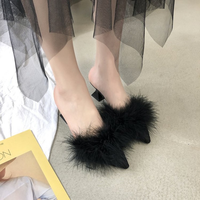 Summer New Pointed Half Slippers Women's Fashion Fluffy High Heels Special-shaped Heel Women's Shoes