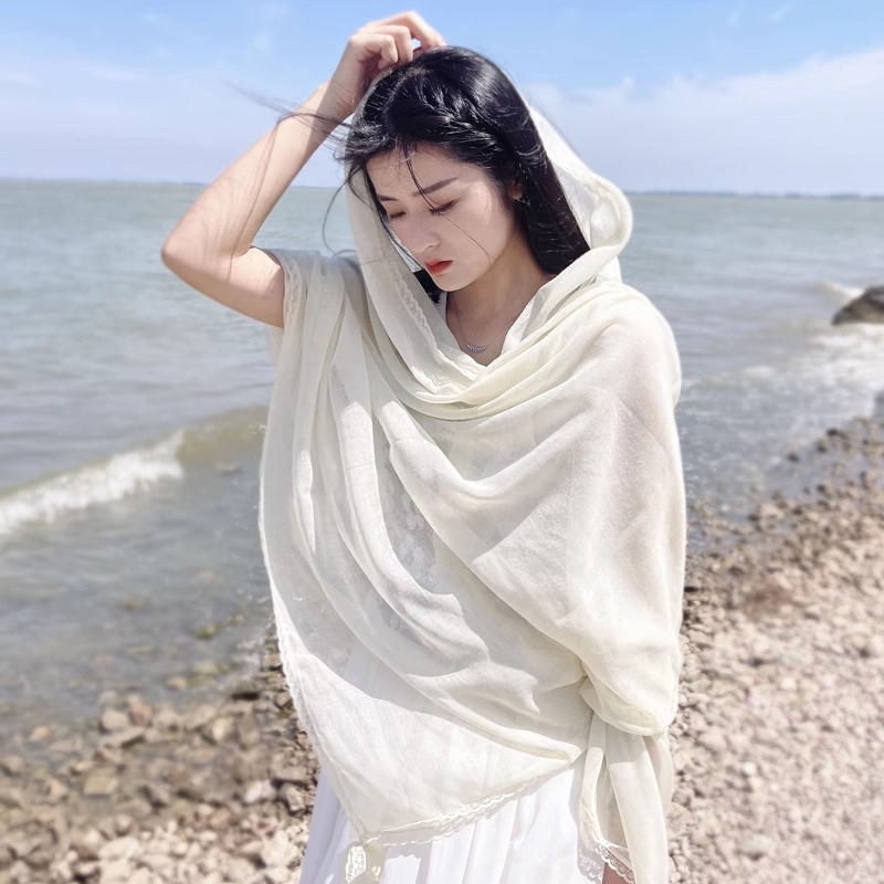K632 Exquisite niche solid color shawl Dunhuang grassland sunshade sunscreen cotton linen desert grassland headscarf shawl photo long scarf