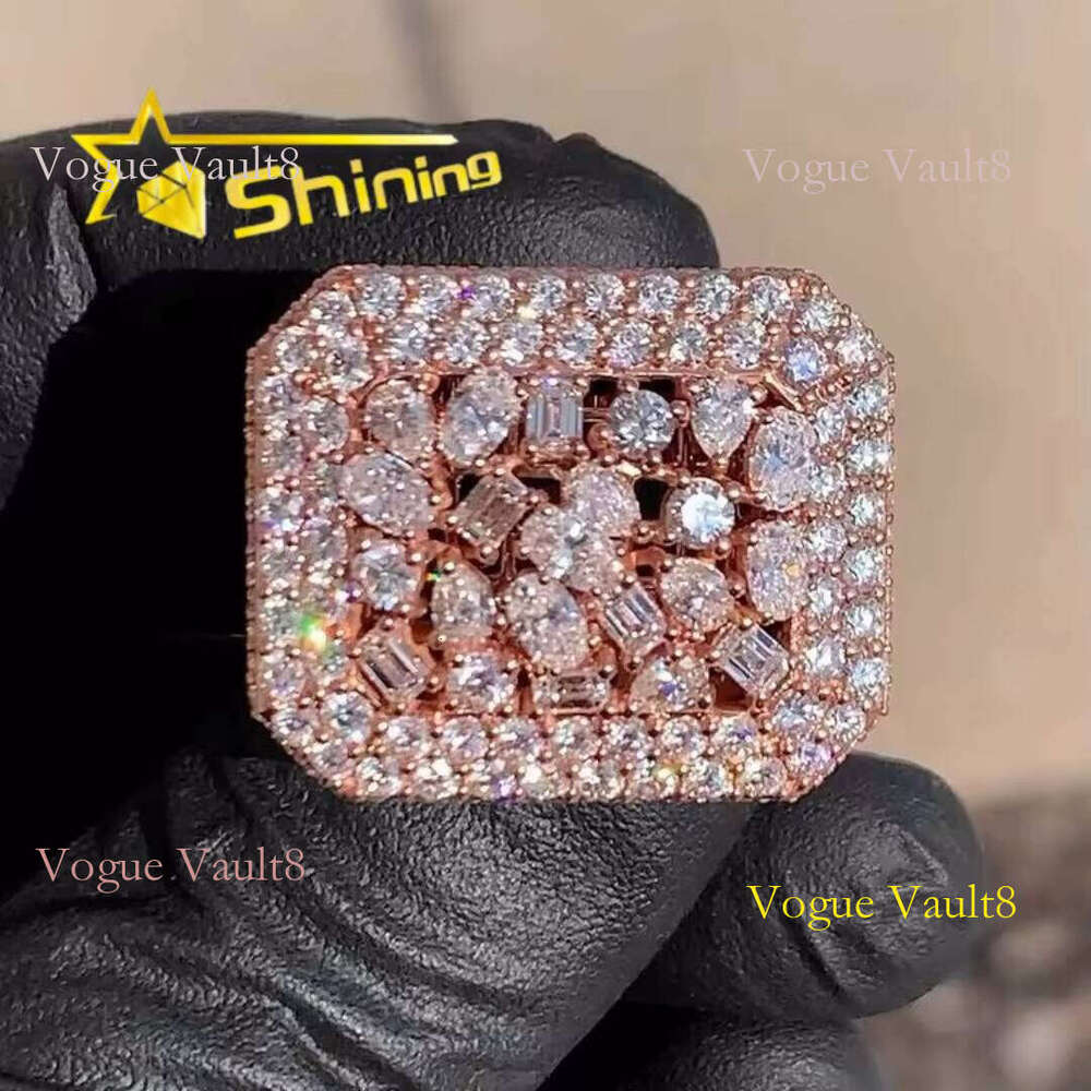 Hip Hop Sterling Sier Rose Gold Plated Iced Out Fancy Cut Buss Down Thick VVS Moissanite Dia Ring Men