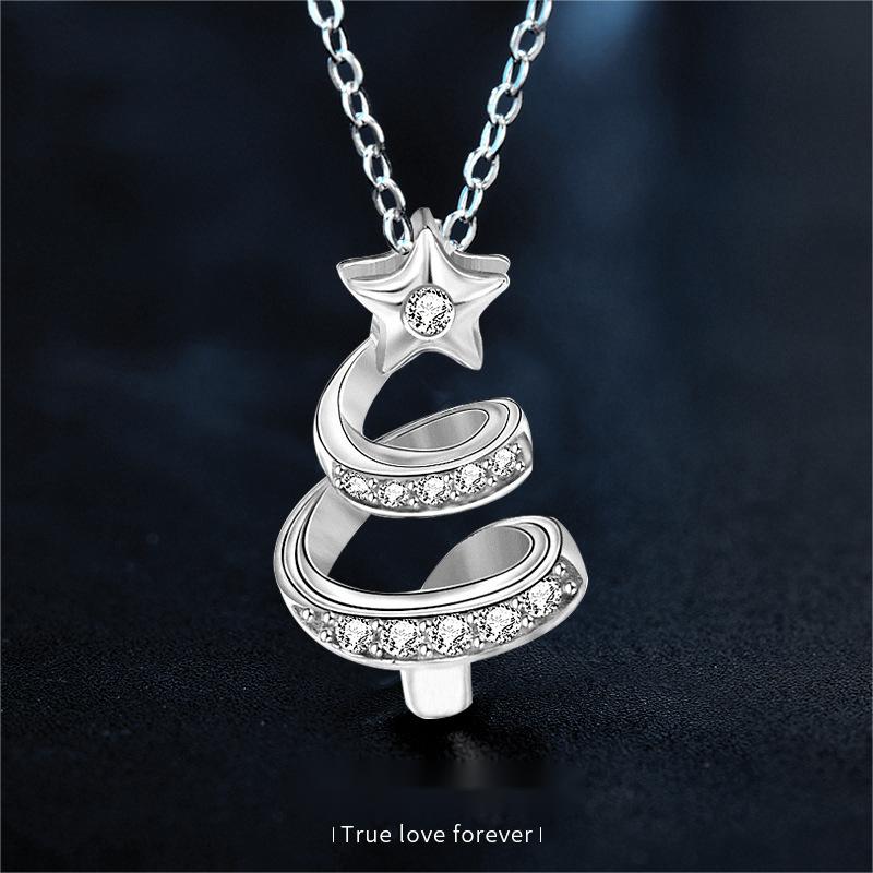 925 Sterling Silver Christmas Tree Necklace with Star Pendant | Holiday Jewelry Gift for Women | Cute Zircon Inlay Collarbone Chain