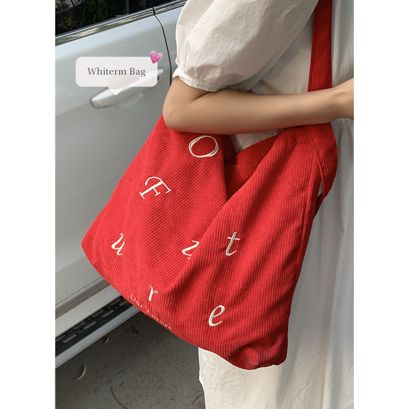 Korean version embroidered letter corduroy large bag for girls 2024 New tote bag for Students to attend classes Large-capacity crossbody bag
