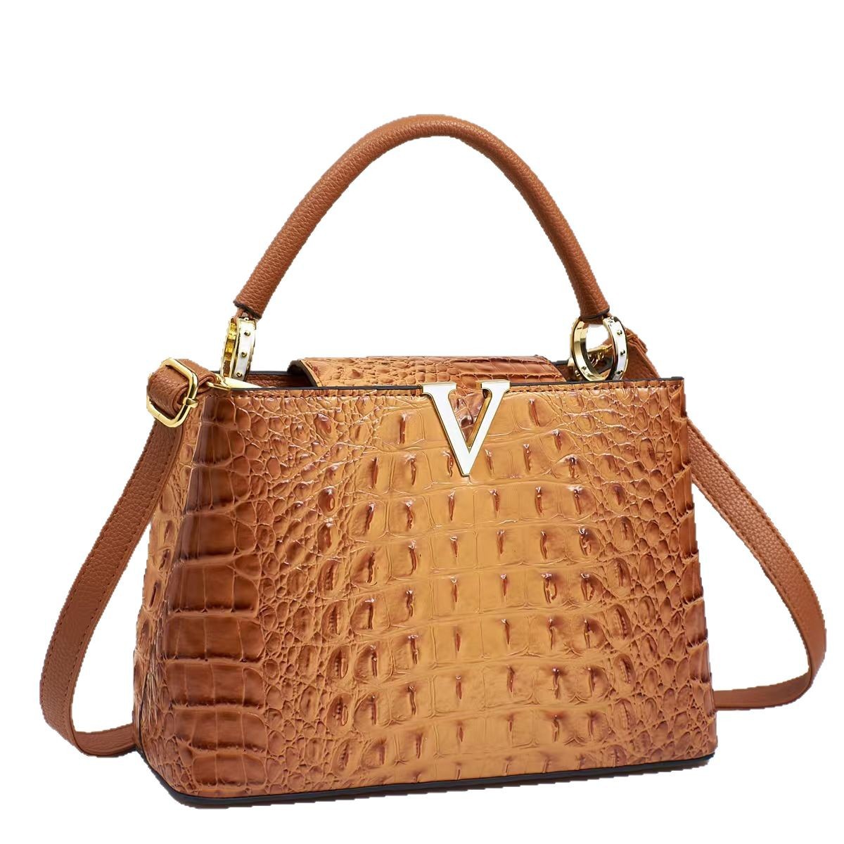 2025 Hot Selling Croc-Embossed Square Commuter Bag Designer Minimalist Shoulder Bag with Metallic V-Shaped Accents, Women's Chic Crossbody