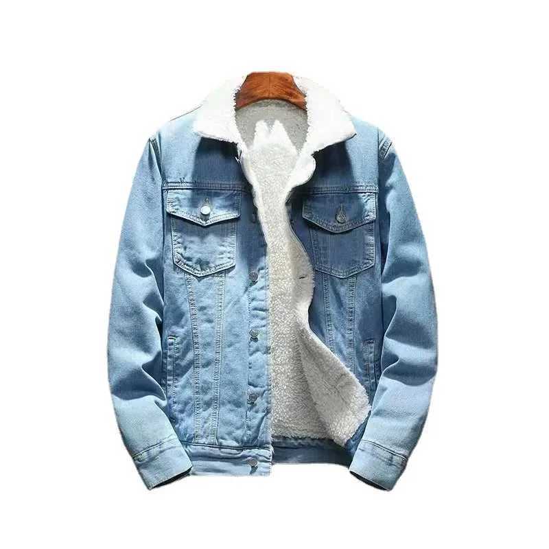 New winter wool thick denim jacket mens lapel Sherpa retro jeans truck jacket denim park jacket W240914 - view 3