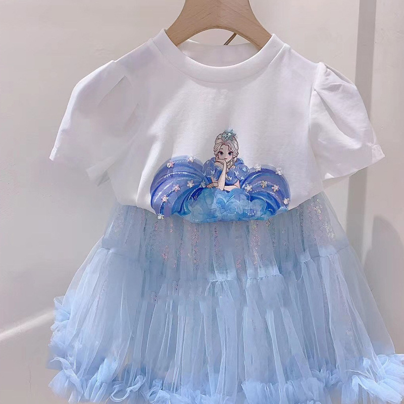 DISNEY Elsa princess kids designer clothes Girls summer outfit children's short-sleeved t-shirt two-piece set baby half-skirt.