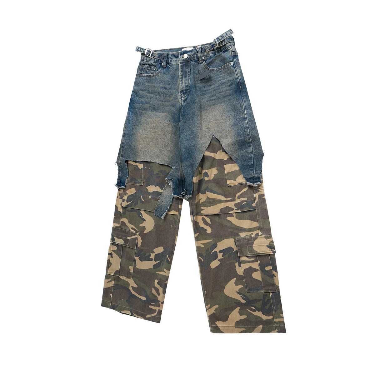 Vintage Ripped Fake Two Pieces Patchwork Camouflage Cargo Pants for Men Distressed Baggy Jeans Wide Leg Loose Denim Trousers W250506