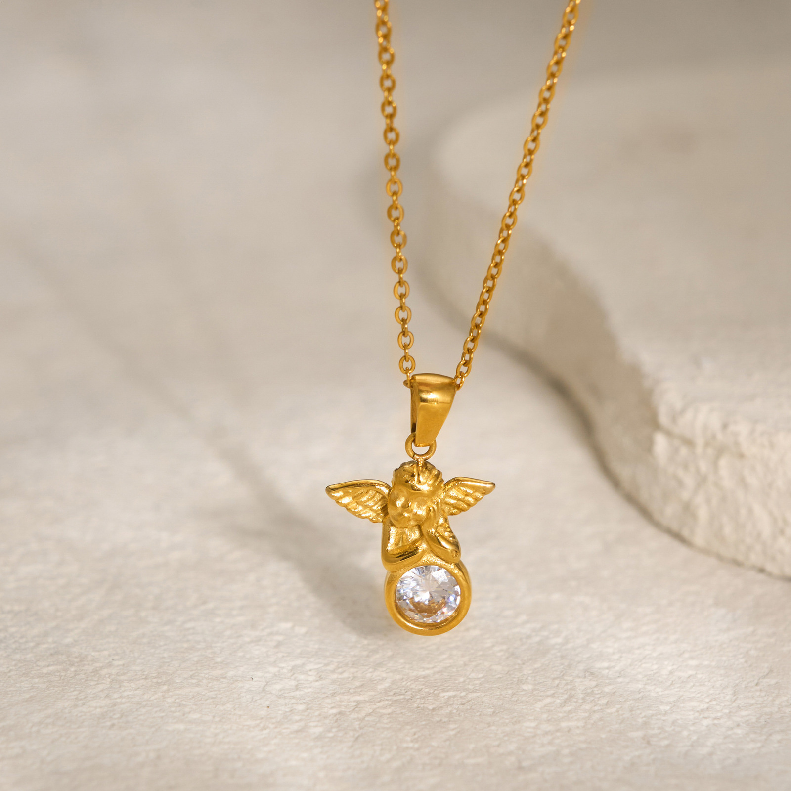 INS18k genuine gold electroplated steel cross chain angel baby pendant necklace 241113