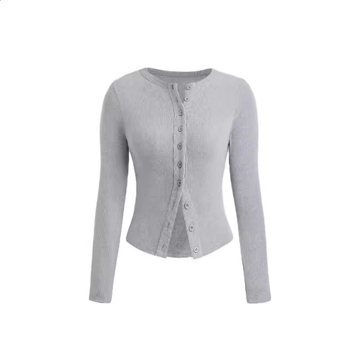 2024 Autumn New Solid Color Slimming Long Sleeve Button Bottom Shirt 250407