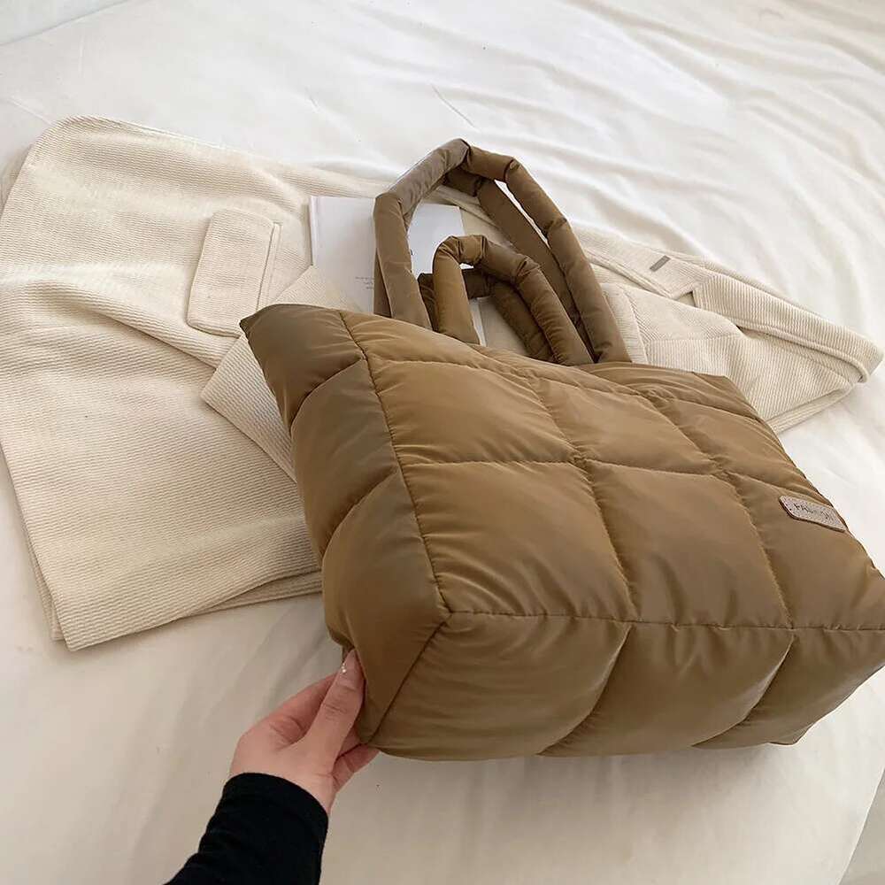 ddmy Padded Women Cotton Solid Color Checkered Quilted Handbag Large Capacity Casual Autumn Winter Female Bag