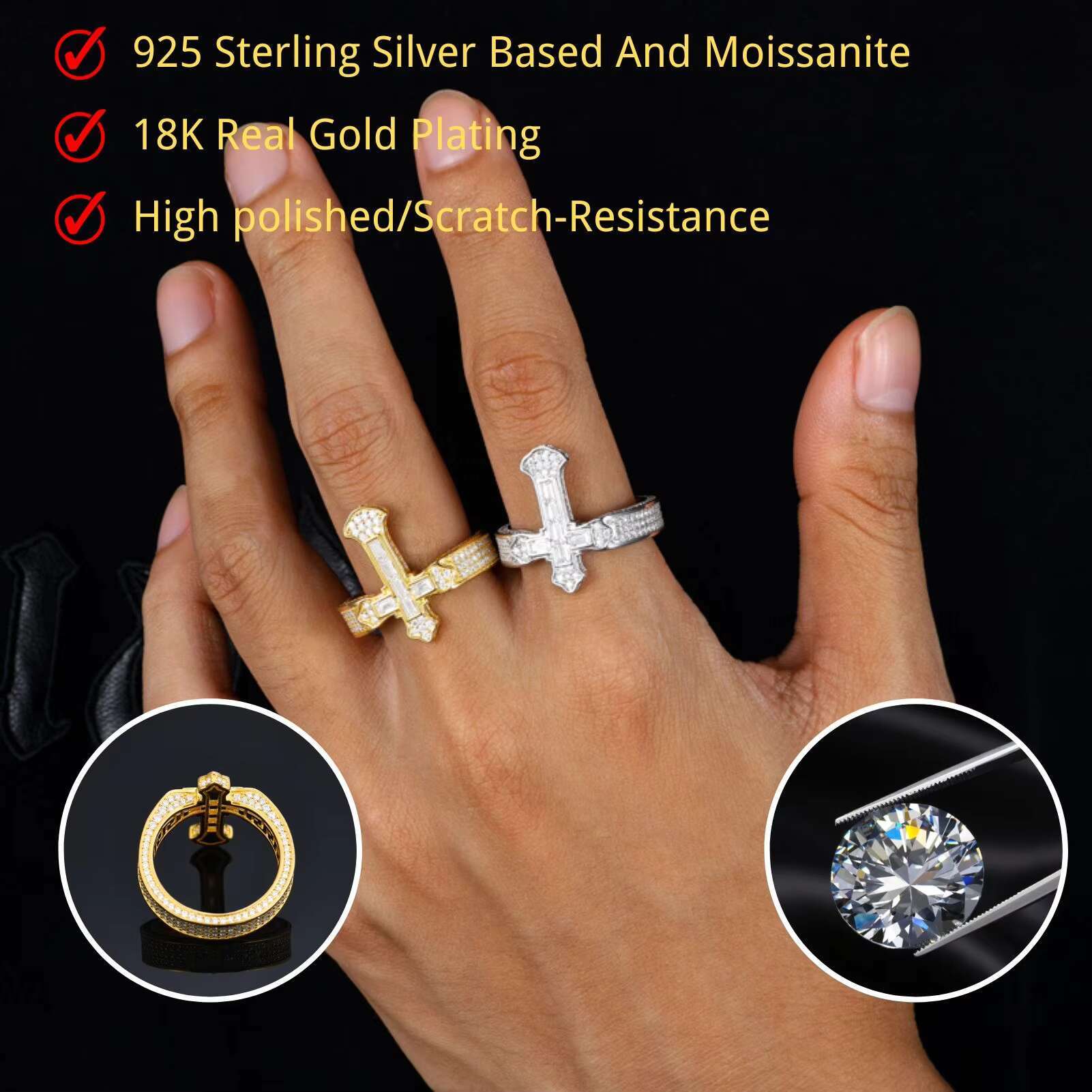Fashion Moissanite Ring 925 Sterling Silver Baguette Diamond Cross Ring Sparkling Hip Hop Rappers Cross Jewelry Ring for Man
