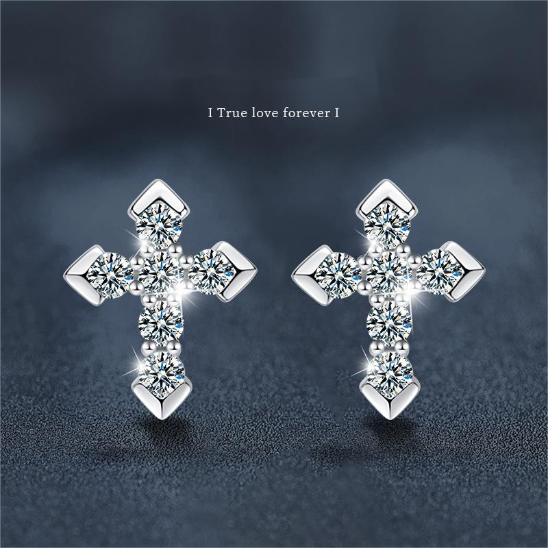 Silver Cross Stud Earrings with Moissanite 925 Sterling Silver Hypoallergenic 2024 New Trendy Elegant Earrings Fashion Accessories Birthday Gifts