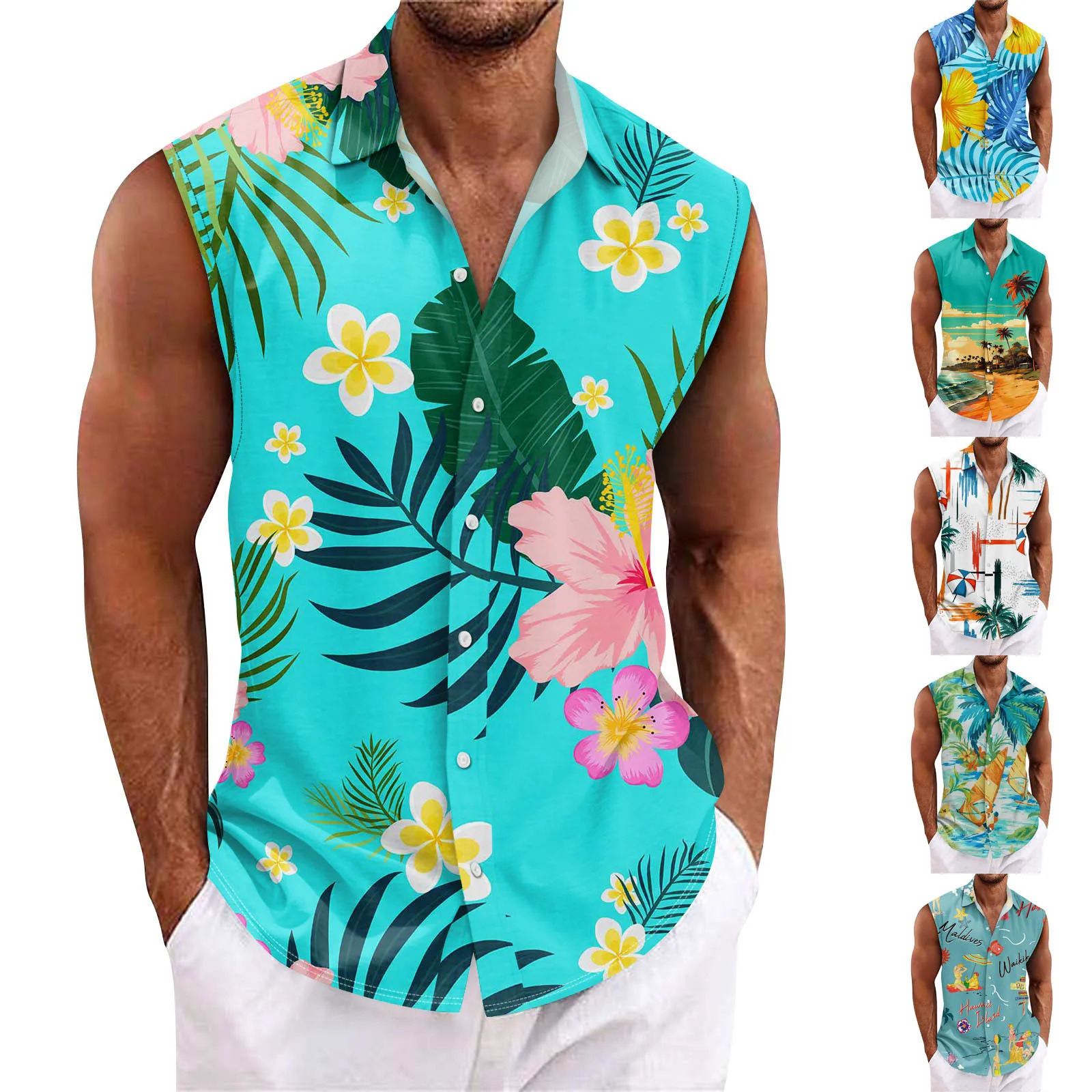 Mens summer surfing beach vest casual sleeveless shirt loose fitting Hawaiian underwear mens gym 250430