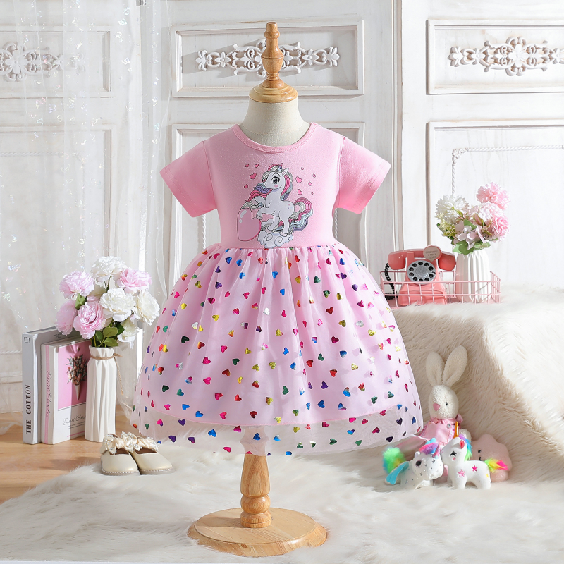 DISNEY Elsa princess dress baby clothes Children's summer dress cartoon print short sleeves and mesh princess dress.