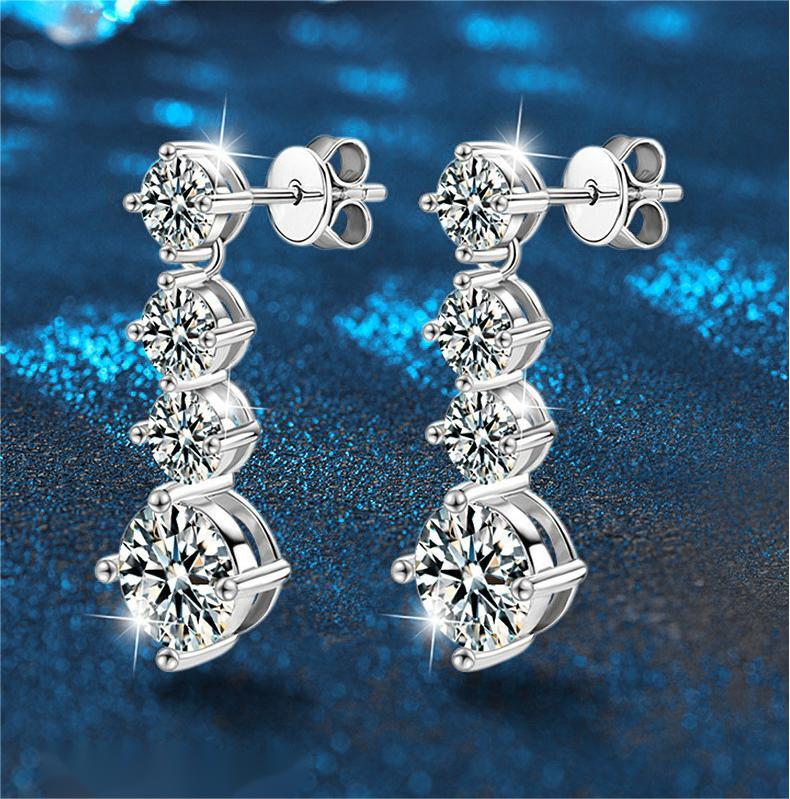 S925 Sterling Silver Moissanite Drop Earrings | Elegant 4-Prong Setting | Sparkling Bridal Jewelry for Women