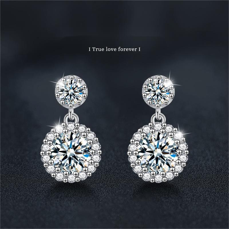 Moissanite Halo Drop Earrings for Women S925 Sterling Silver | Round Brilliant Studs with Dazzling Double Layer Design