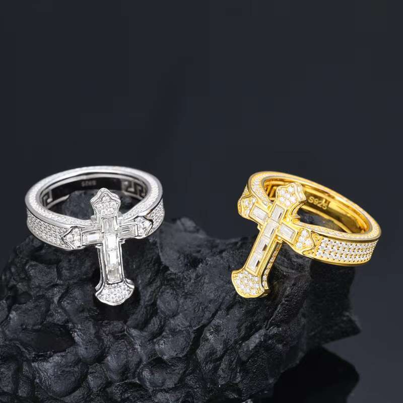 Fashion Moissanite Ring 925 Sterling Silver Baguette Diamond Cross Ring Sparkling Hip Hop Rappers Cross Jewelry Ring for Man