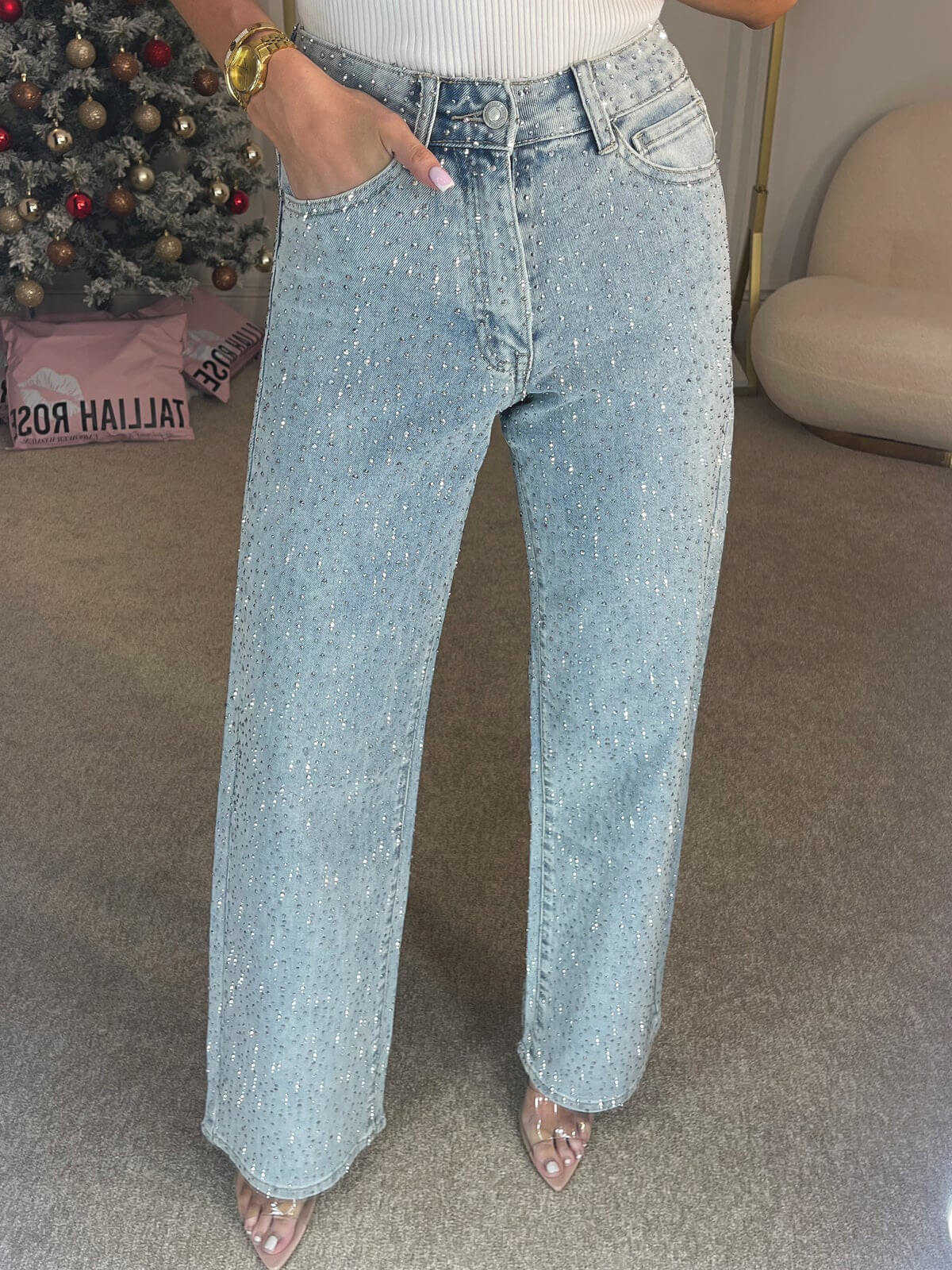 Shiny rhinestone denim womens pants full diamond womens jeans high rise pockets dragging extremely tight pants wide leg summer jeansT250319