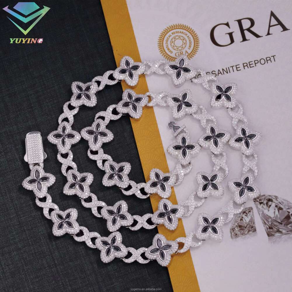 Yu Ying Black Dia Marquise Moissanite Gold Plated Sterling Sier Four Leaf Clover Infinity Cuban Link Chain Jewelry