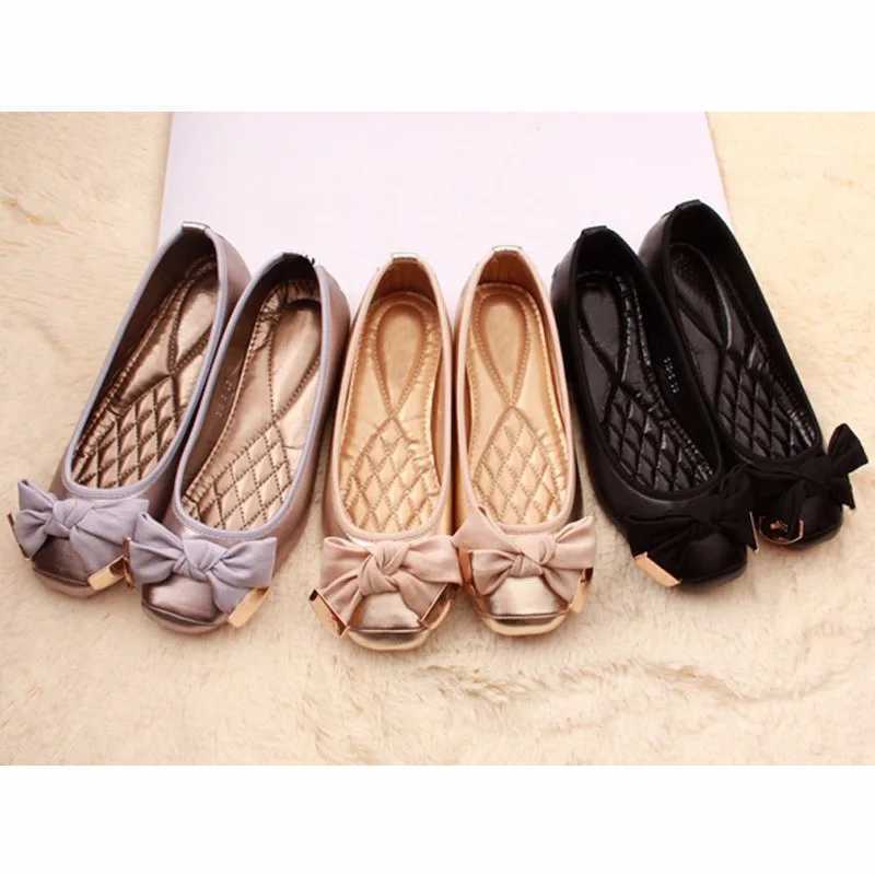 Spring/Summer Womens Ballet Flat Bottom Sweet Bow Knot Lace Brand Shoes Plus Size 41 Black Gold D069 M250506