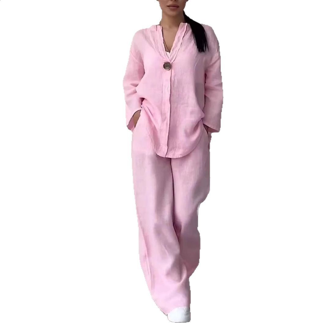 2025 summer V-neck long sleeved pants multi colored cotton and linen womens suit240830