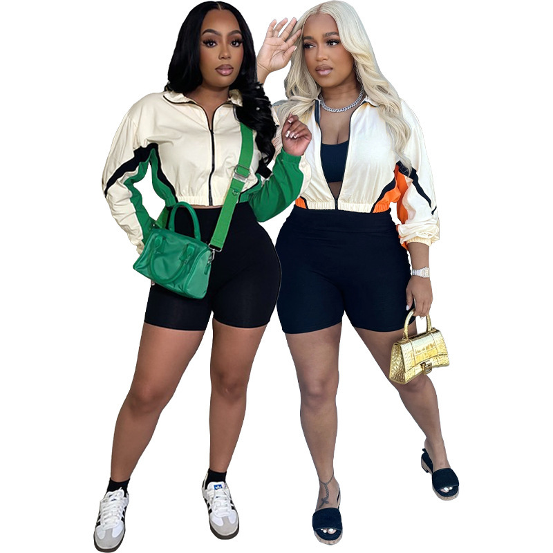 Women Tracksuits Two Pieces Set 2025 New Fashion Clothing Splicing Color Contrast Zipper Long Sleeve Slim Shorts Sports