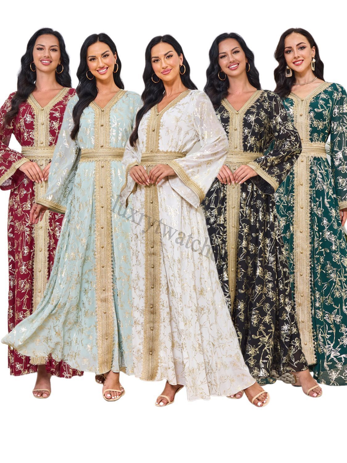 Designer Womens Dress Vintage Printed Muslim Robe New Women's Long Sleeved Dubai Dress For Summer Flare Sleeve Pullover Maxi Dresses Female Robe 2025