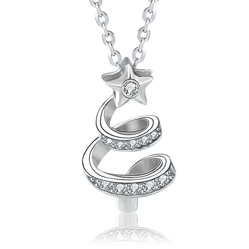 925 Sterling Silver Christmas Tree Necklace with Star Pendant | Holiday Jewelry Gift for Women | Cute Zircon Inlay Collarbone Chain
