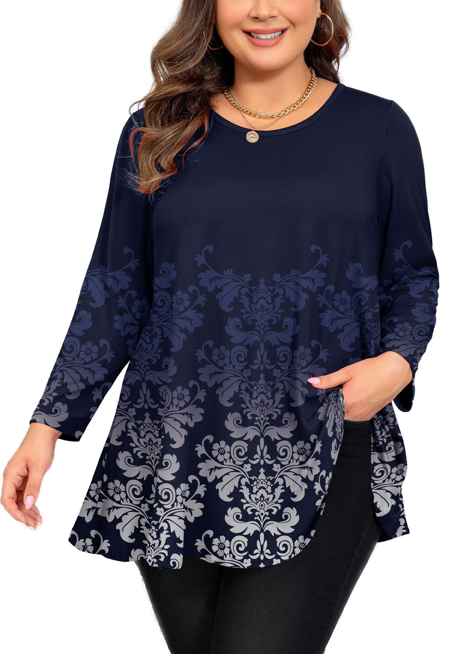 Womens Tunic Tops 3/4 Sleeve Plus Size Crew Neck Swing Flare Loose Fit T-Shirt Blouses to Wear with Leggings Navy Blue Tunics Floral Printed