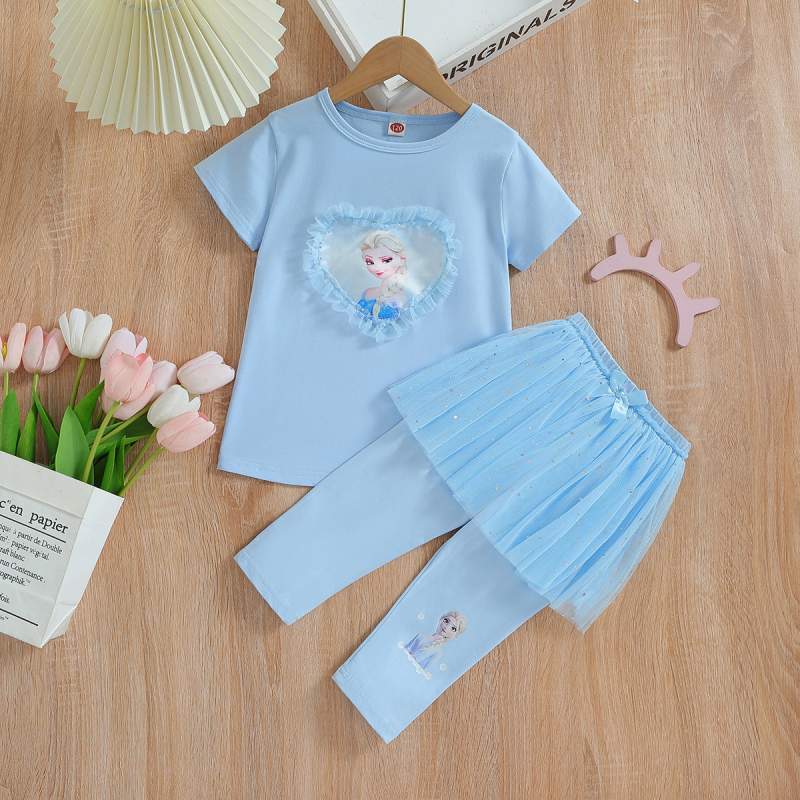 DISNEY Frozen Elsa princess girls designer clothes Girls short-sleeved suit thin long pants suit children's sports casual wear spring and summer 